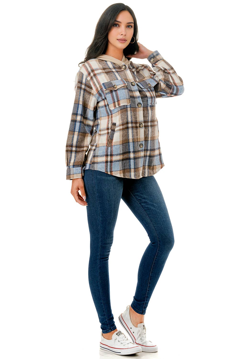 Color 5 - Vente Veste-chemise – femme - Veste en flanelle à carreaux bleu-blanc avec capuche et poches8