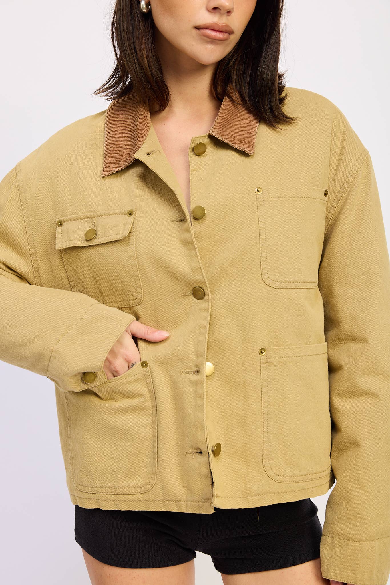 OLIVE KHAKI COMBO CHORE JACKET WITH POCKETS for wholesale on Faire1