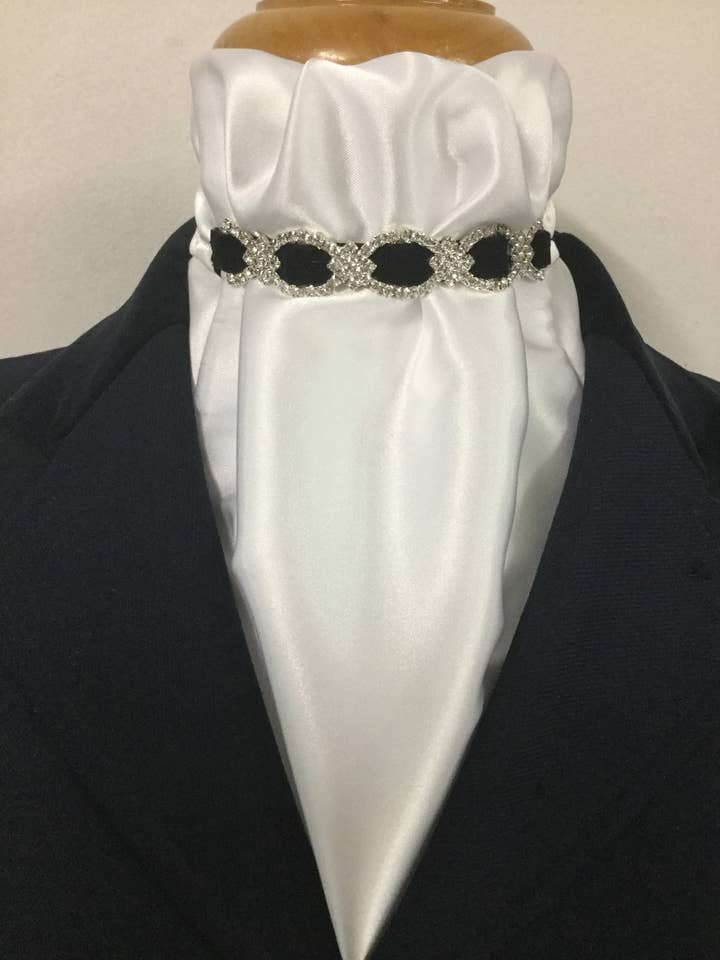 HHD White Satin Euro Dressage Stock Tie ‘ALICE’ Black or Navy with Rhinestones for wholesale by Heavenly Horse Designs