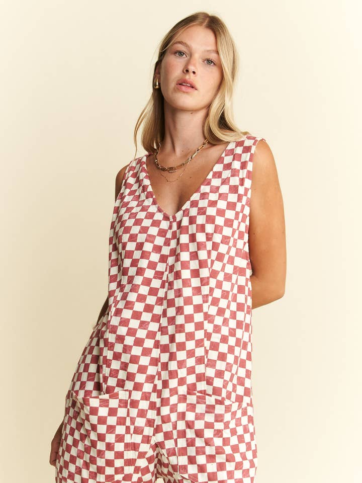 CHECKERD PRINT SHORTS ROMPER for wholesale by JADE BY JANE