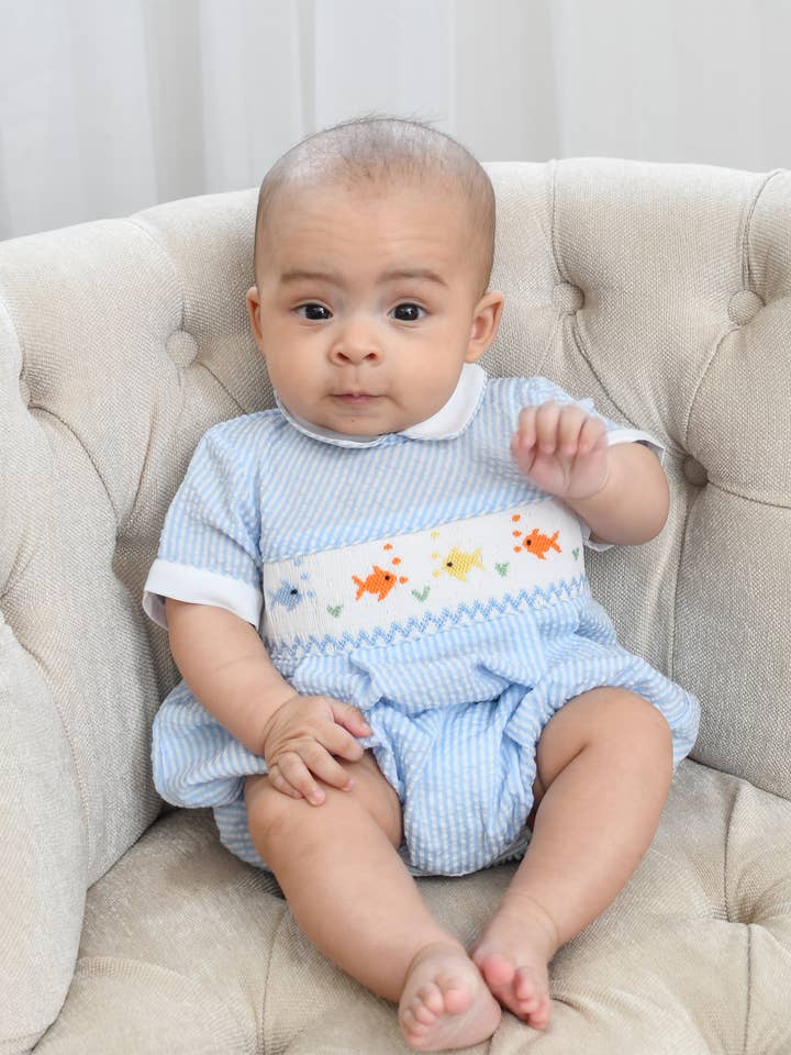 20126-Smocked Fish Baby Boy Bubble Romper for wholesale by Julius Berger & Carriage Boutique