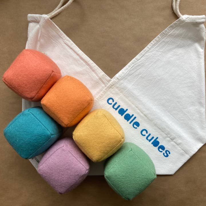 Felt Cube Rattle Blocks + Tote Bag - Rainbow Set of 6 for wholesale by thistledown kind