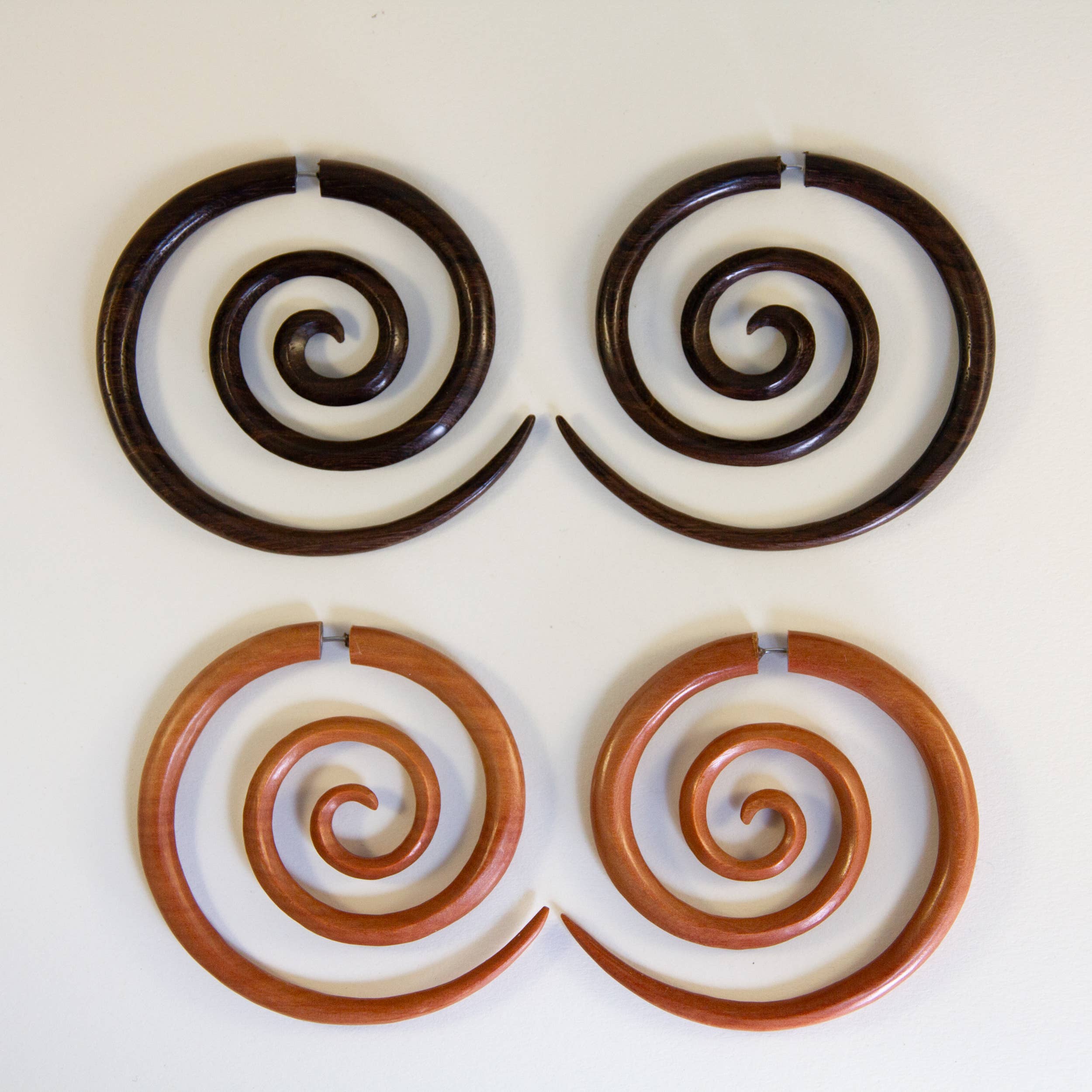 Ajmer by Jodi - Wholesale Dangle Earrings - Large Spiral Light Wood & Dark Wood Faux Gauges~ steel wires9