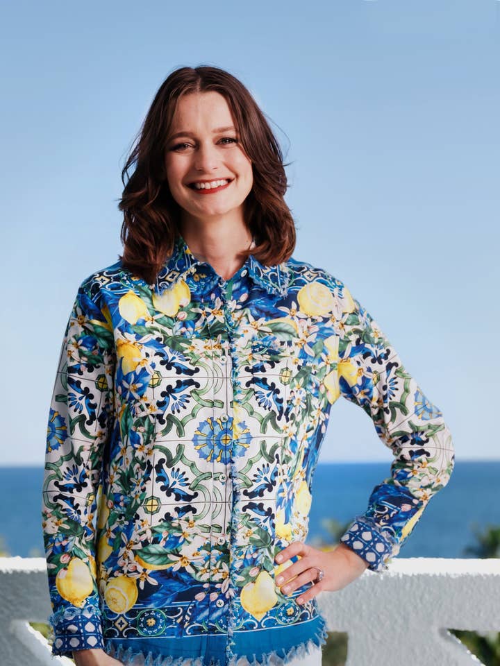 Cape Cod Haut Imprimé Citrons Imprimé Dragon Sur Coton Lin pour la vente par Dizzy-Lizzie