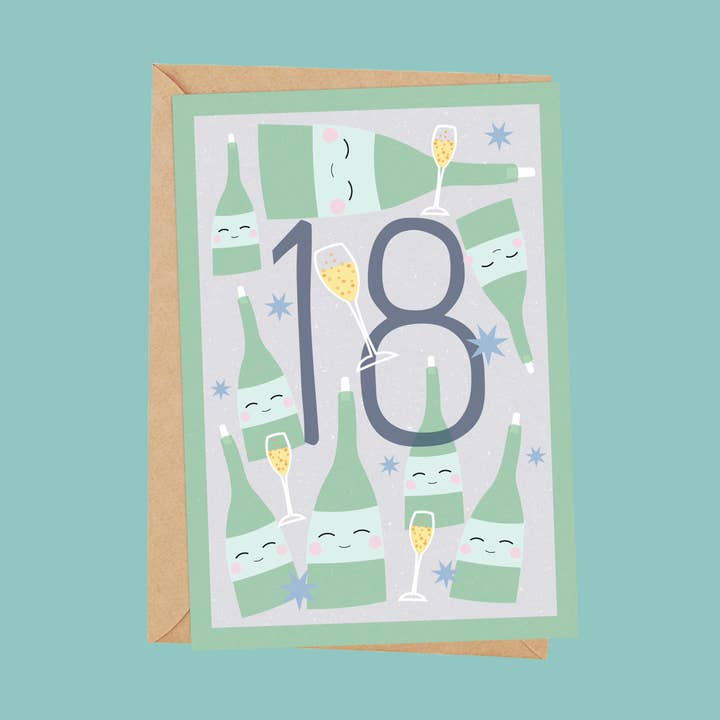 Age 18 Champagne Bottles Greetings Card for wholesale by Ta doodle dah Stationery