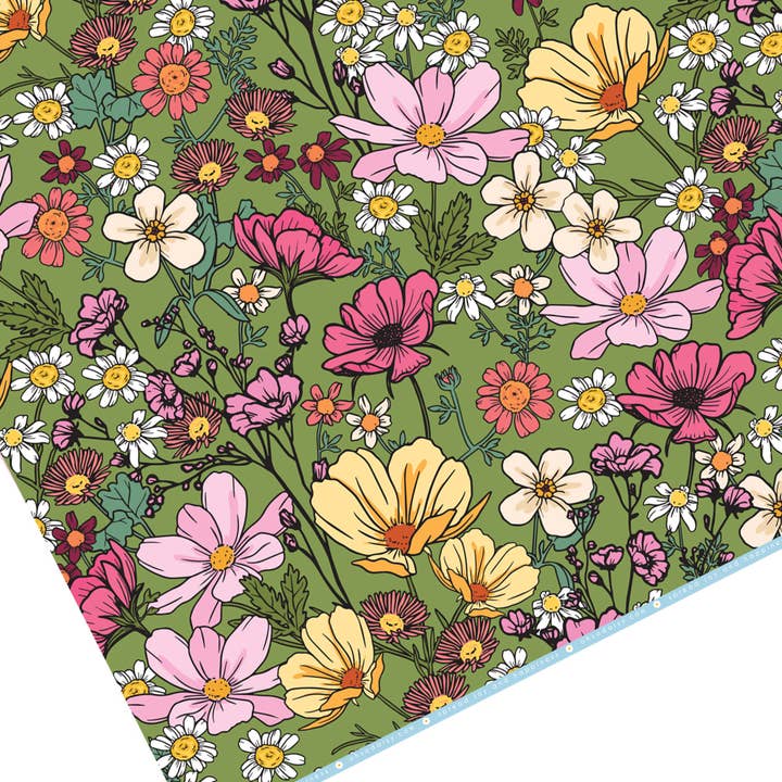 Oh So Daisy - Wholesale Flat Wrap - SHE'S A WILDFLOWER FOREST GREEN GIFT WRAP SHEET