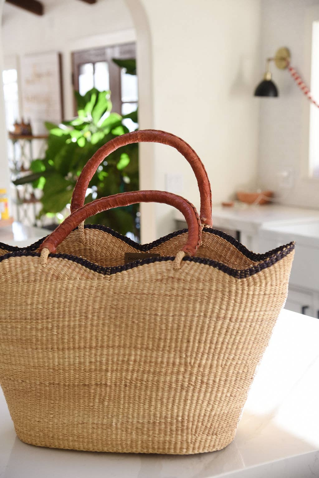 Cognac Handle with Navy Handwoven Scallop Tote for wholesale on Faire3