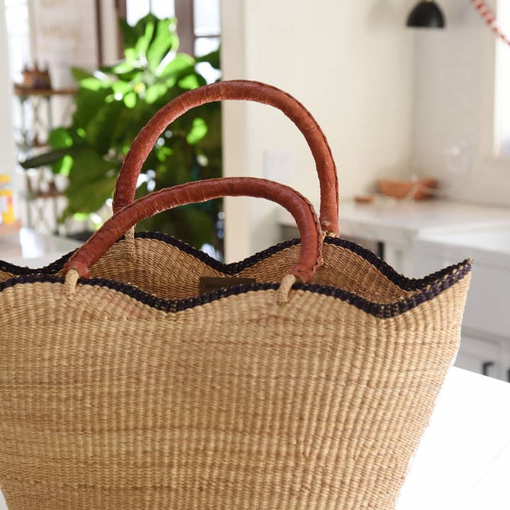 Cognac Handle with Navy Handwoven Scallop Tote for wholesale on Faire3