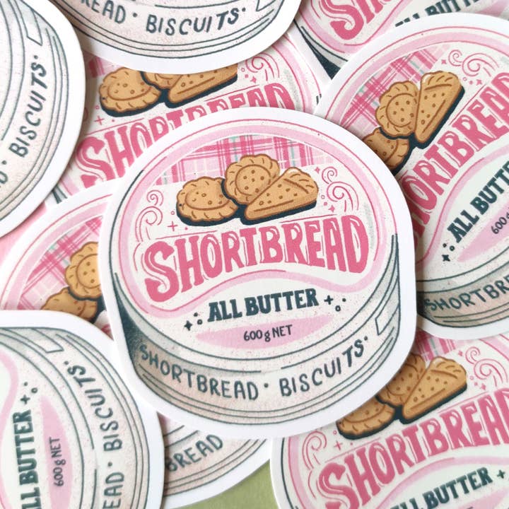 Shortbread Biscuit Tin Sticker for wholesale by Eve Anderson Draws