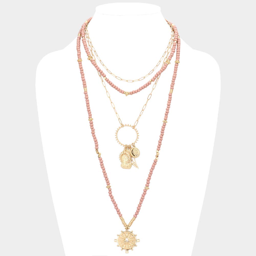 Sensibling Corp. – wholesale Pendant/charm necklace – Double Horn Evil Eye Centered Pendant Wood Beaded Multi Layered Necklace2