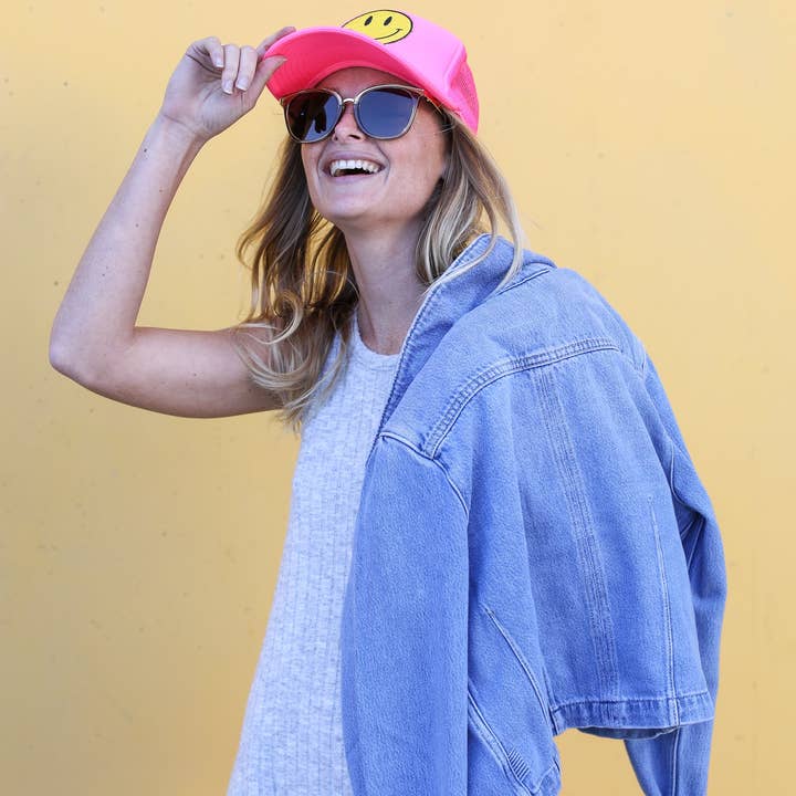 Happy Face Trucker Hat in Pink for wholesale on Faire4