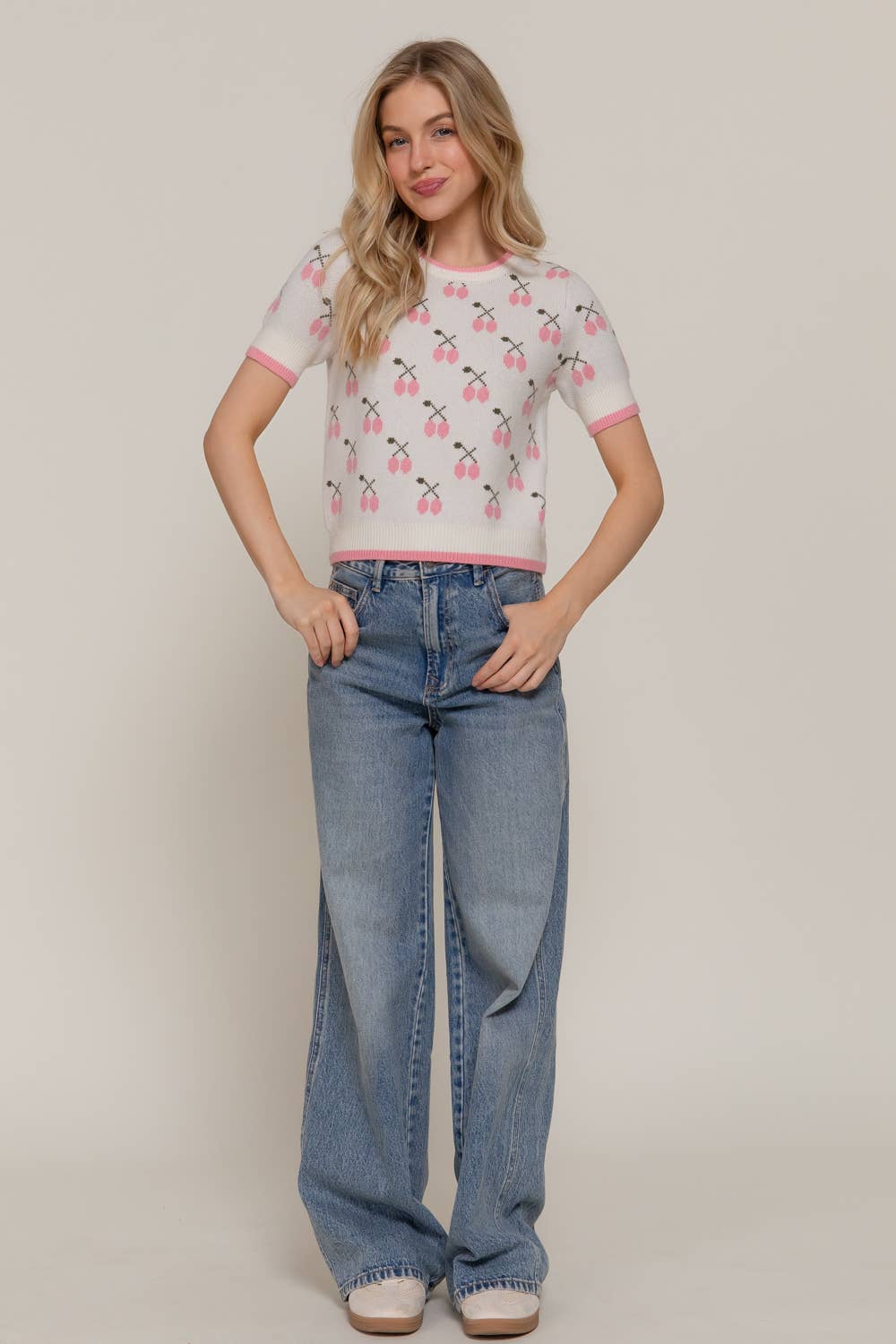 Active Basic | Active USA - Wholesale Knit Top - Women's - Short Sleeve Contrasting Edge Line Cherry Pattern Sweater7