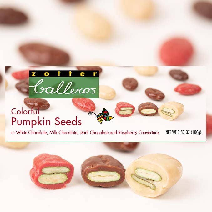 Graines de citrouille colorées (balleros) pour la vente par Zotter Chocolates