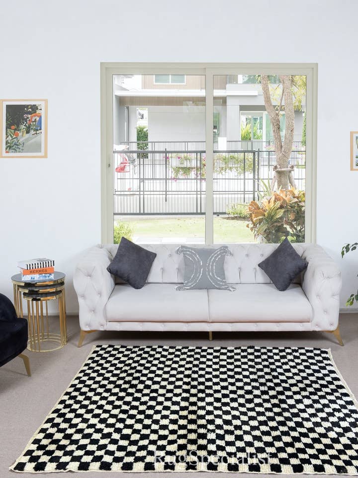 Checkered Handmade Rug in Beige & Black, All Soft, Cozy Wool for wholesale by Rug Specialist LLC.