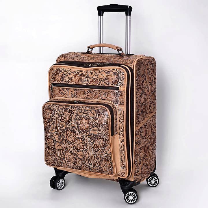 Valise à roulettes western en cuir fait main ADBG1601 avec motif floral pour la vente par LS Western