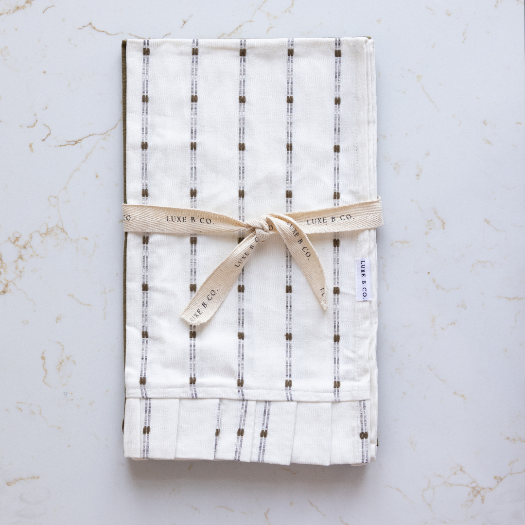Luxe B Co - Wholesale Tea Towel - White Embroidery Olive Green Stripes Ruffle Kitchen Dish Towel1