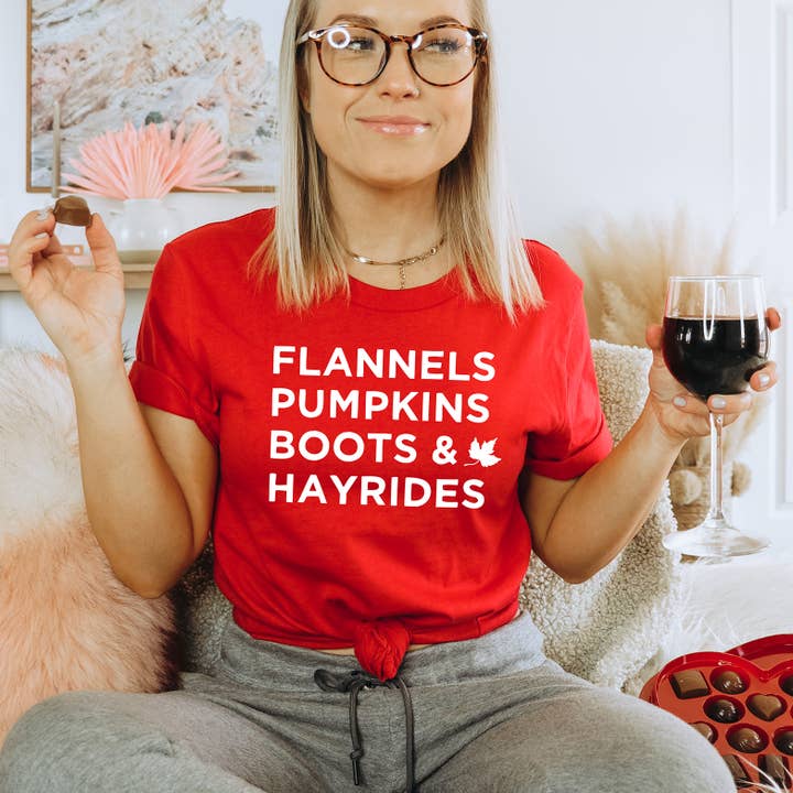 Zoe Creative Co - Vendita all'ingrosso Maglietta serigrafata - Donna - Flannels Pumpkins Boots Hayrides T-Shirt Autunno Camicia Ottobre10