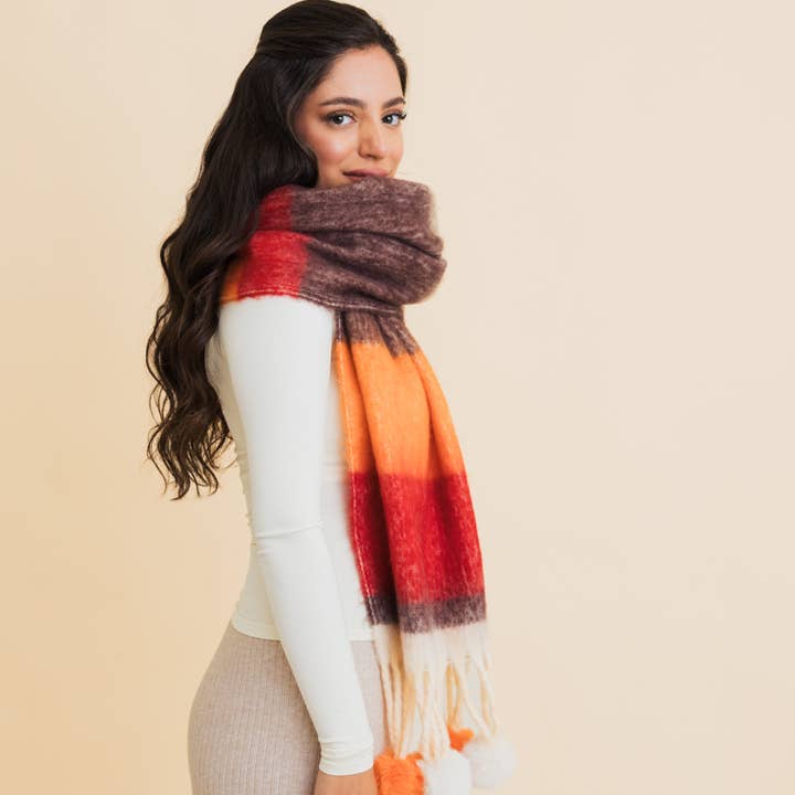 Leto Accessories - Wholesale Scarf - Women's - Contrast Color Stripes Chunky Pom Tassel Scarf3