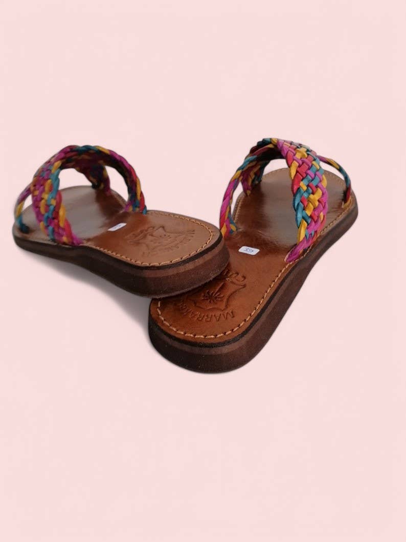 Melecraft - Vente Sandales – femme - Sandales en cuir tissées à la main – Brides tressées multicolores3