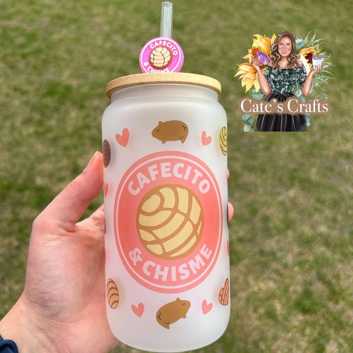 Cafecito and Chisme Frosted Glass Cup for wholesale by Cate’s Crafts