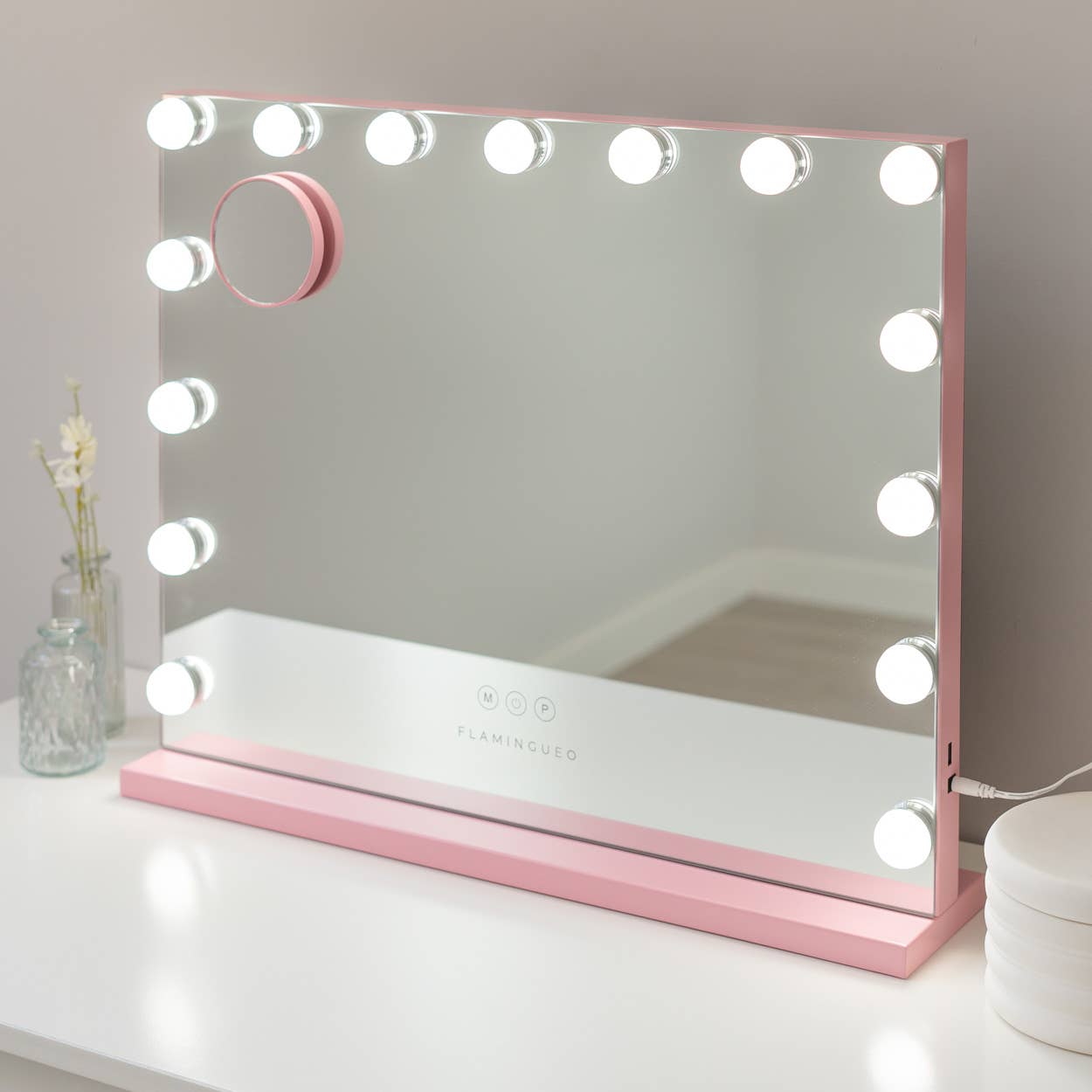 Flamingueo - Wholesale Vanity Mirror - Pink Mirror with 15 Hollywood LED lights,3 light modes 5