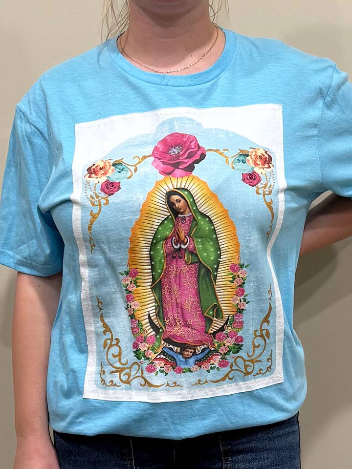 Lady of Guadalupe white tee patch on Ice Blue Crew for wholesale by Bling-A-GoGo, LLC