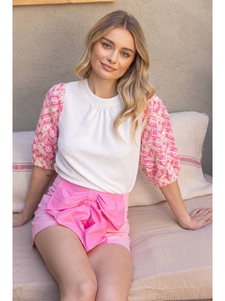 VOY - Wholesale Blouse - Women's - 35237 Floral Embroidered Sleeve Textured Knit Top