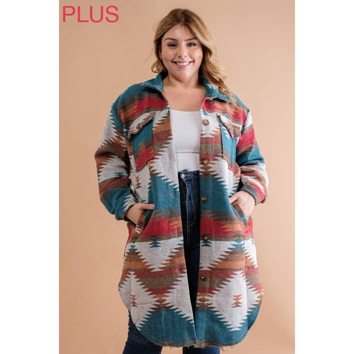 Sweet Generis - Wholesale Shirt Jacket/Shacket - Women's - PLUS LONG TRIBAL AZTEC BUTTON DOWN SHIRT JACKET SHACKET10