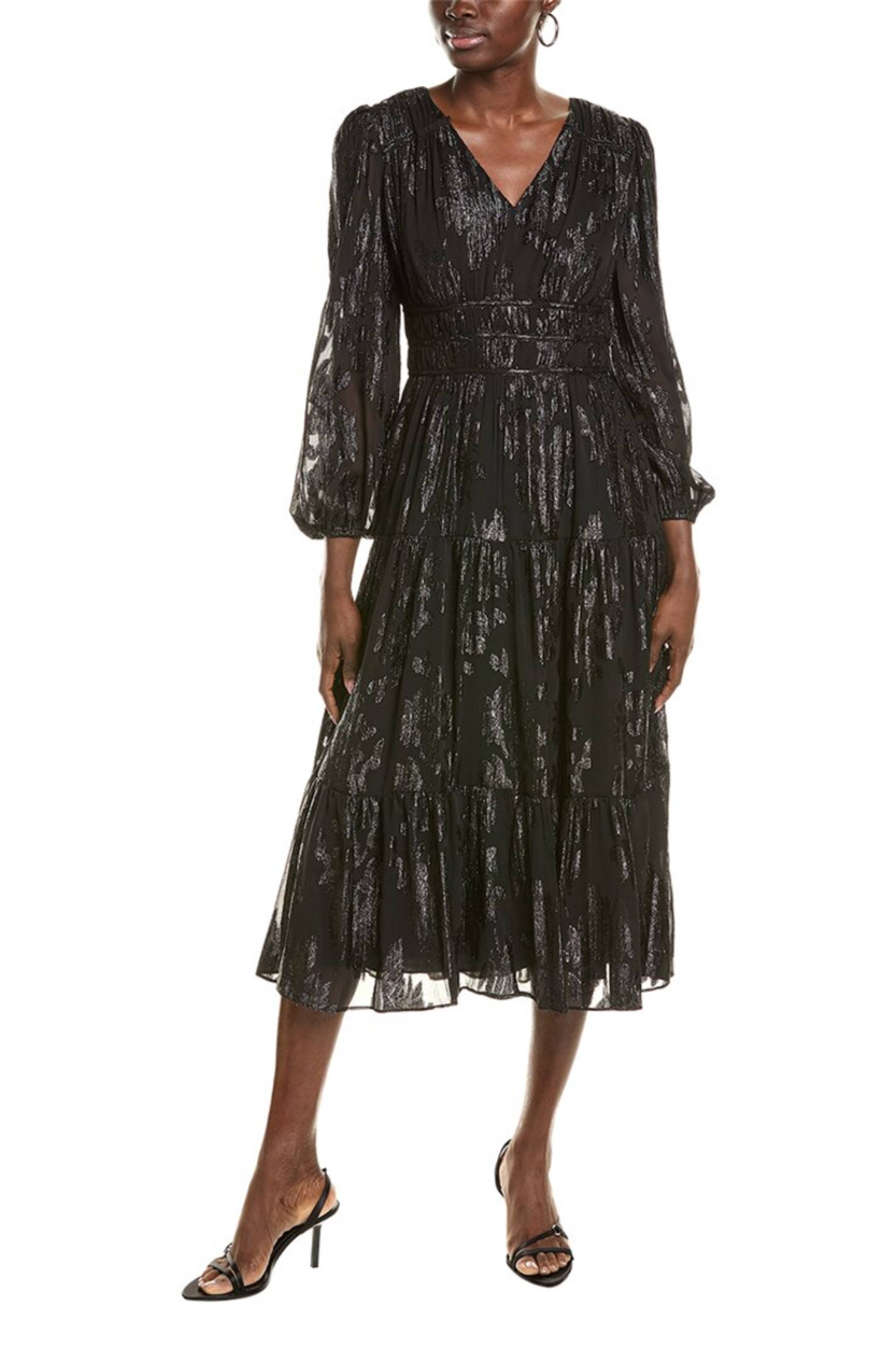 VERY BLACK Nicole Miller Metallic V-Neck Tiered Evening Dress for wholesale on Faire