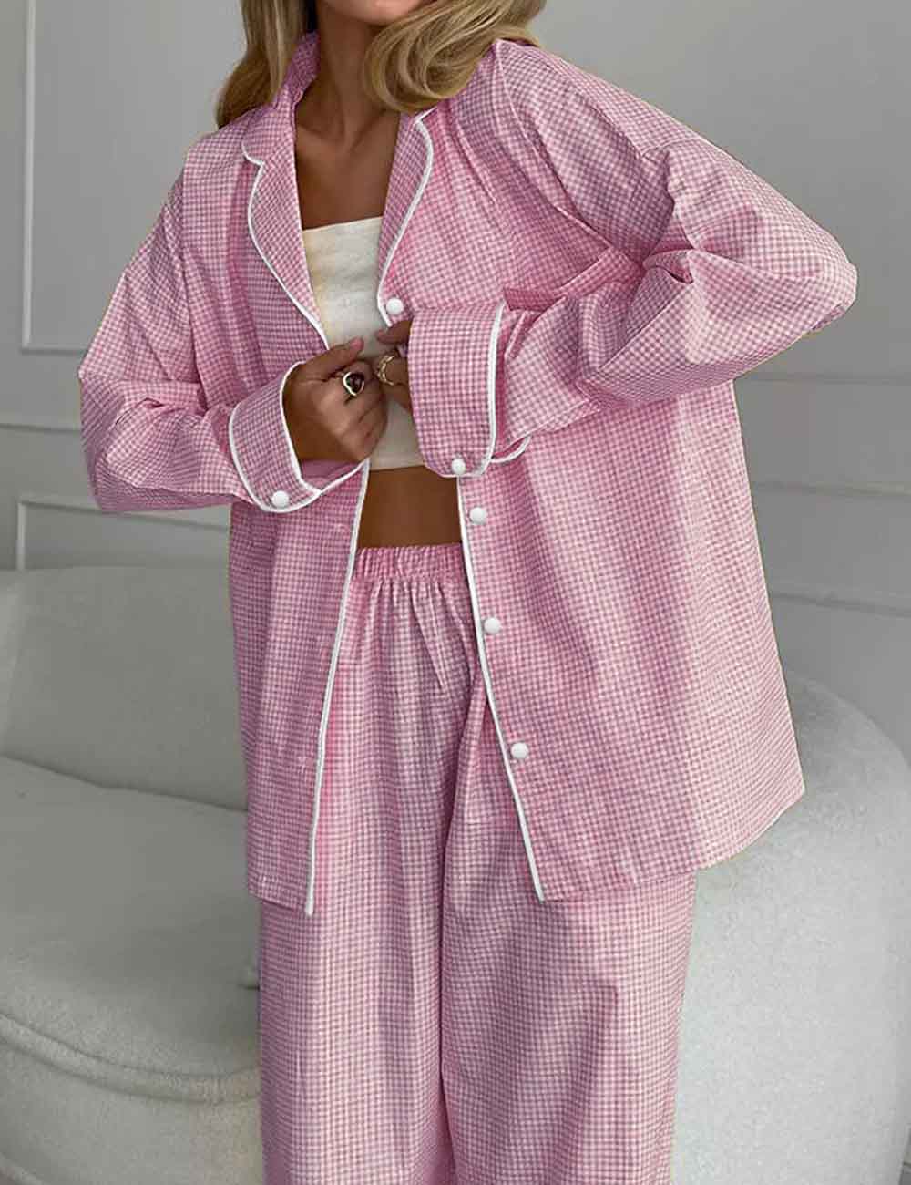 Dipped Shop - Wholesale Sleepwear Set - Women's - Color Block Plaid Loungewear Pajamas Set DP25F8730