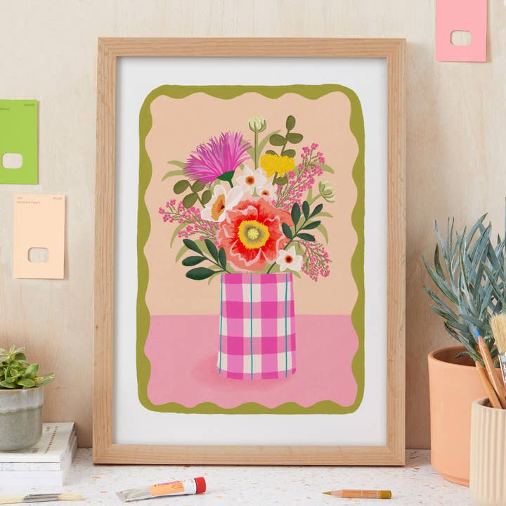Natalie Lea Owen – Handmade Jewellery & Greeting Cards - Wholesale Art Print - Flowers in Gingham Vase Print | Pink, Hand-drawn, Cute Art1