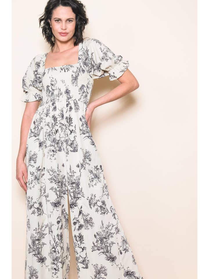 Elloh Collection - Wholesale Jumpsuit - Women's - Square Neck Puff Sleeve Wide Leg Antique Floral Jumper 5