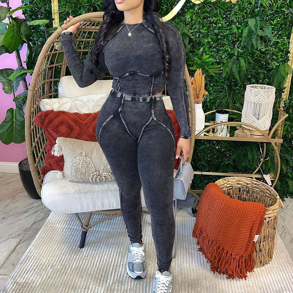 MB Fashion Wholesale - Vente Ensemble haut et pantalon (PAS d'intérieur) - Femme - Haut court côtelé et leggings taille haute de haute qualité MB FASHION 4043LY9