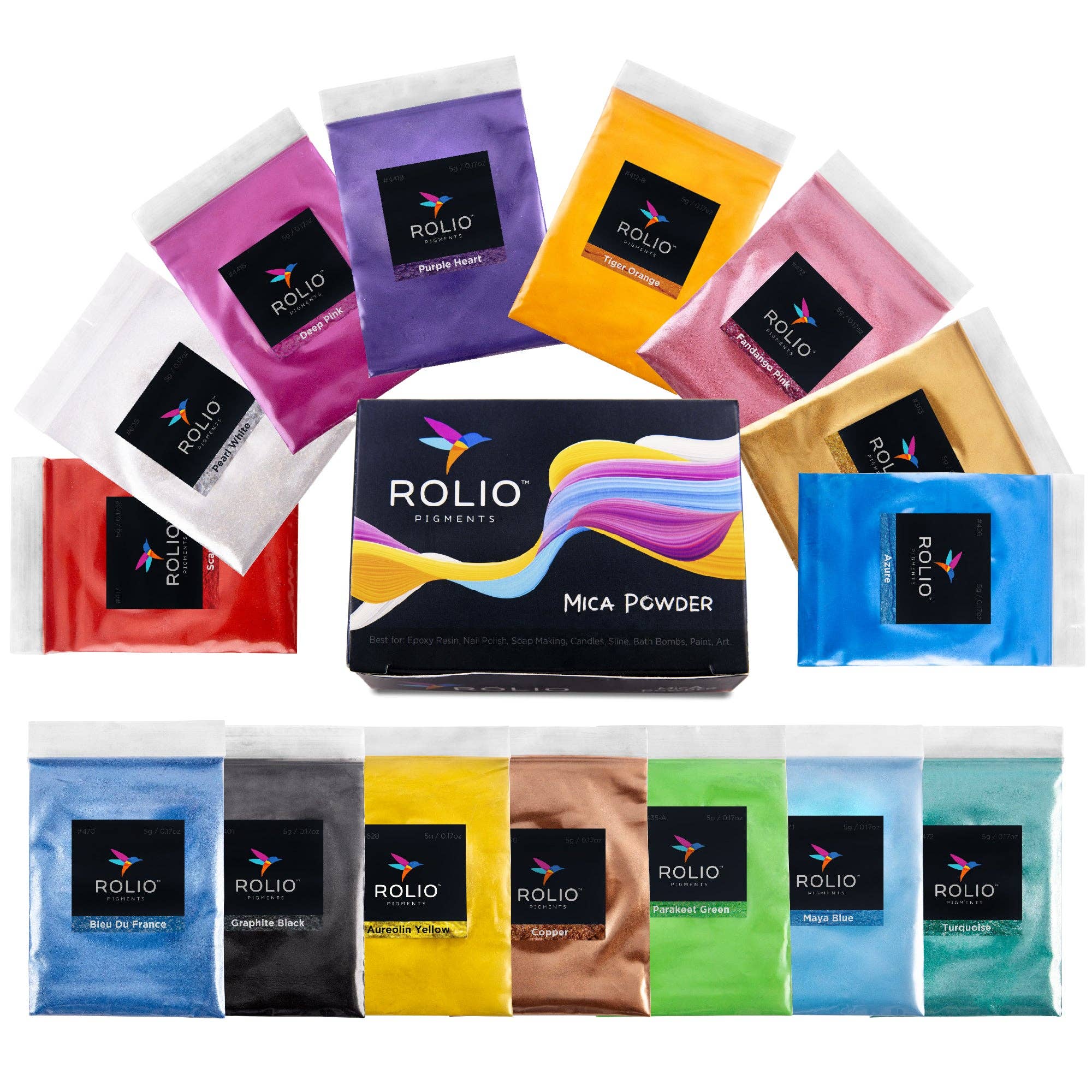 Rolio Pigments - Vente Pigments - Poudre de mica 15 couleurs nacrées - sachets de 5g0