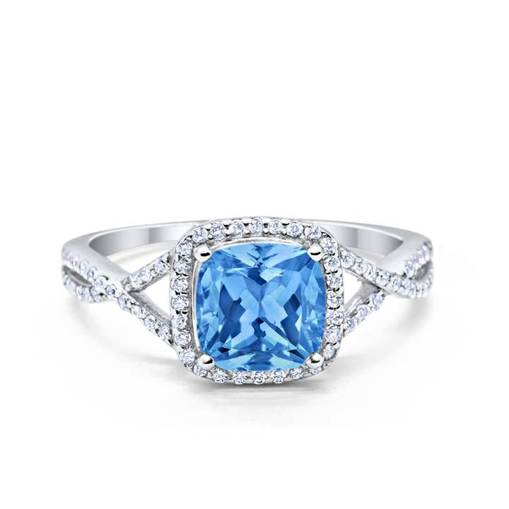 Halo Infinity Shank Engagement Ring Cushion Round Simulated Blue Topaz CZ for wholesale by Blue Apple Imports