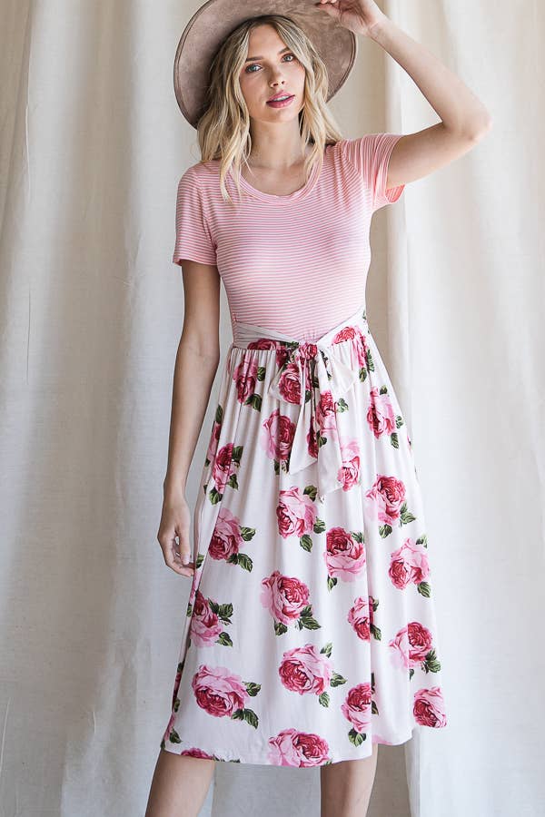 7th Ray - Wholesale Dress - Women's - Floral Waist Tie Short Sleeve A-Line Midi Dress D4199