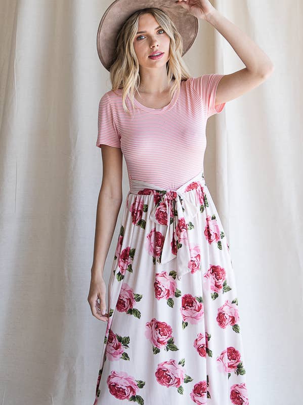 7th Ray - Wholesale Dress - Women's - Floral Waist Tie Short Sleeve A-Line Midi Dress D41990