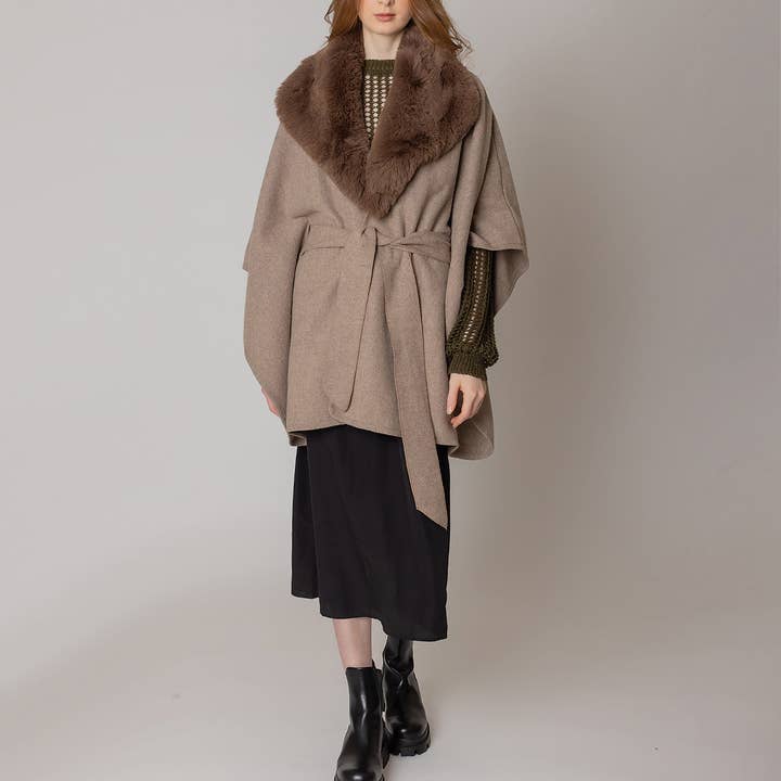 Faux Fur Collar Belted Kimono for wholesale by Fashion City