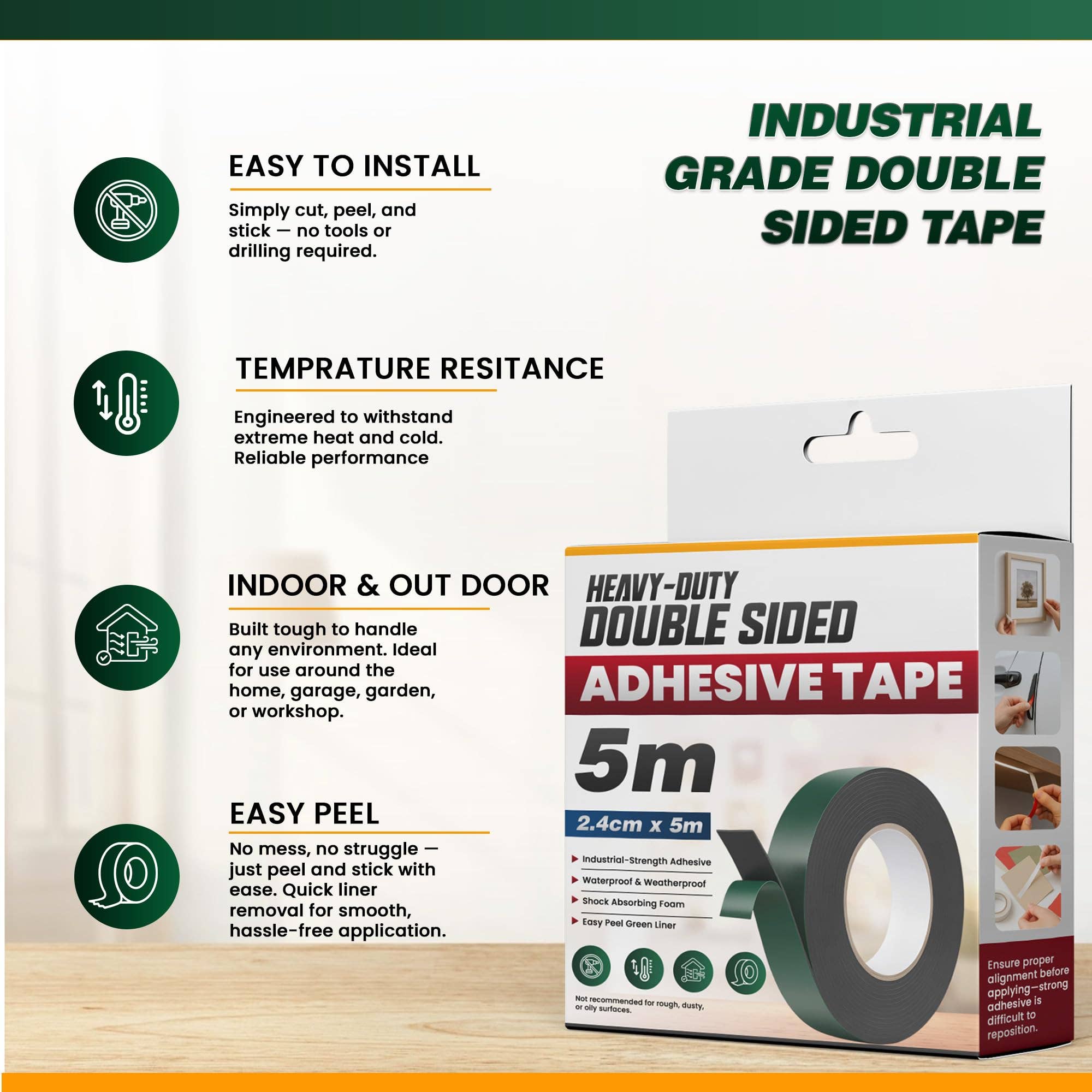 Ledsone – wholesale Tape – LEDSone Black 2.4cm x 5m Heavy Duty Waterproof Double Sided Tape ~62574