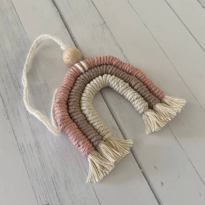 Macrame rainbow car diffuser for wholesale by Chickadee Creations