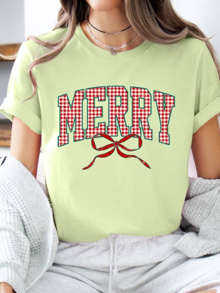 Plaid Merry Christmas Bow Graphic Tee for wholesale by COLORBEAR