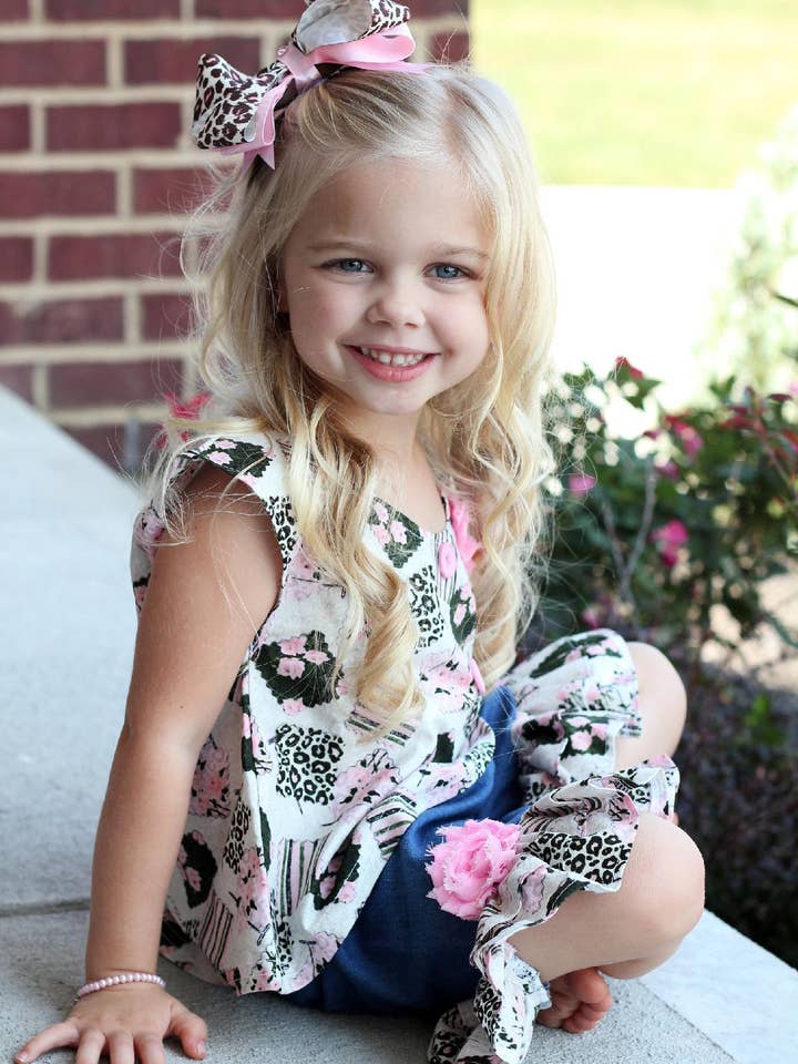 Boho Leopard Rose Ruffle Denim girls Boutique Short Set for wholesale by Carolina Kids