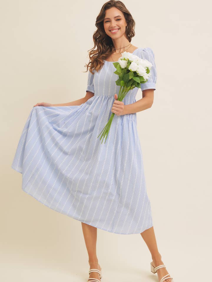 EMBROIDERED GINGHAM MIDI DRESS WITH PUFF SLEEVES for wholesale by in february