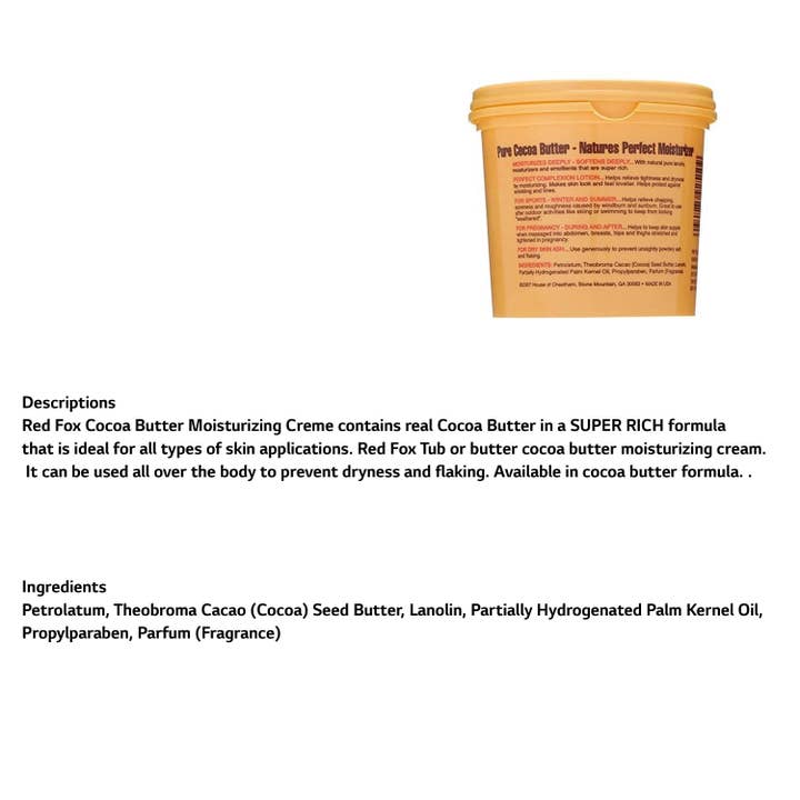 KT Supply – wholesale Body cream/lotion – Red Fox Tub Of Butter Coconut Butter Moist Creme, 12 Oz.