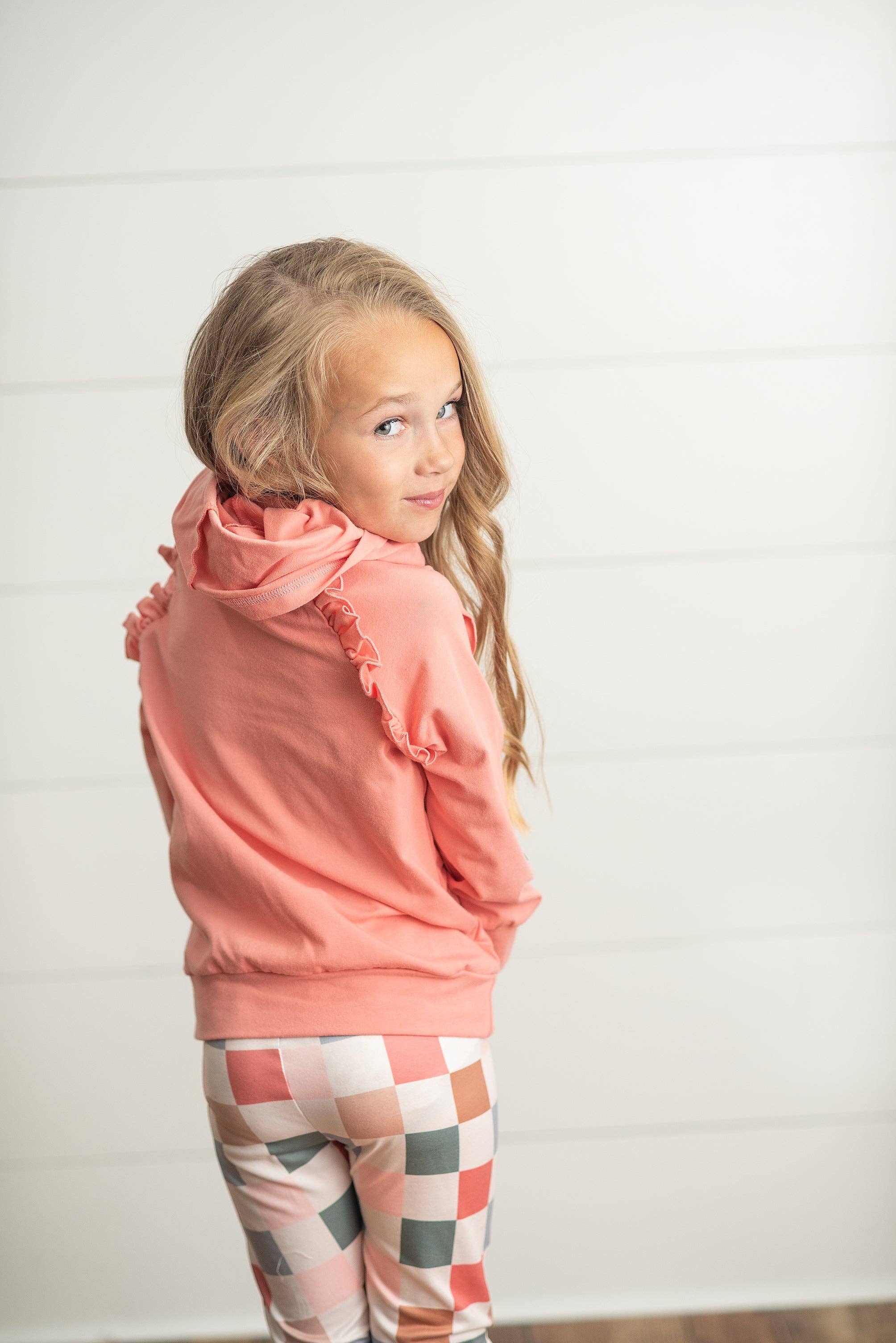 Adorable Sweetness - Wholesale Top & Leggings Set - Kids - Kids Terra Cotta Ruffle Hoodie and Check Leggings Fall Set4