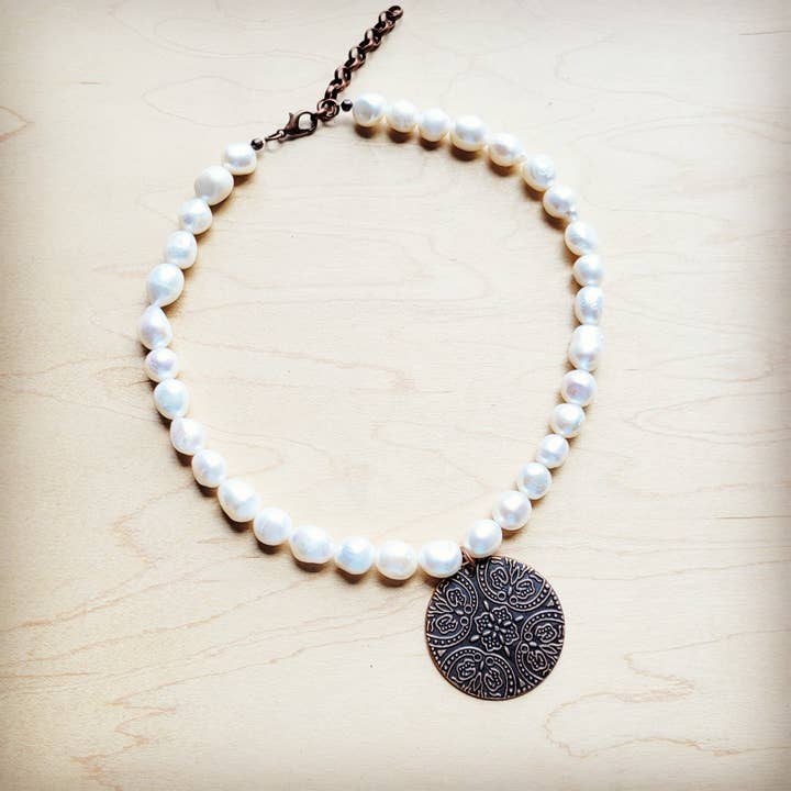 Freshwater Pearl Collar Necklace w/ Copper Scroll Pendant 260a for wholesale by The Jewelry Junkie