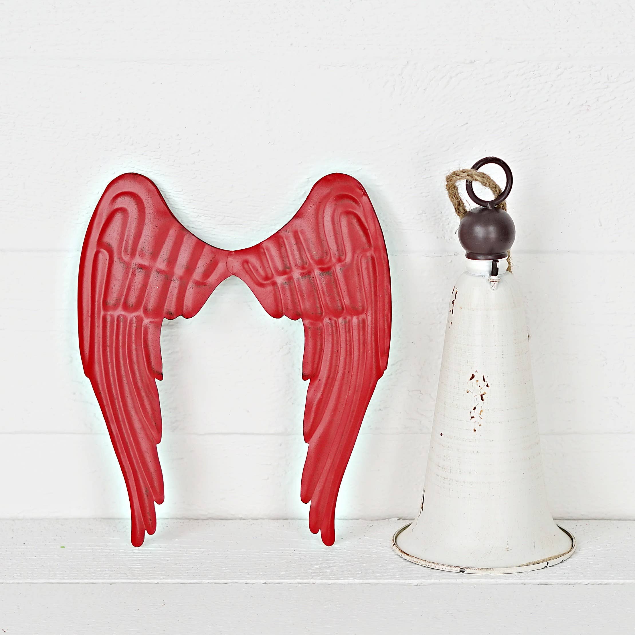Impressive Enterprises, Inc. - Wholesale Christmas Decoration - M10825-Distressed Metal Angel Bell-WhiteBellw/RedWing-11"x9"3