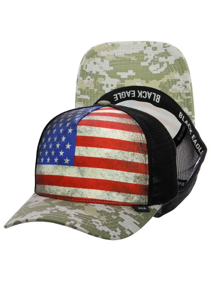 Vintage USA American Flag Five Panel Span Mesh Trucker Hat for wholesale by Cap Zone