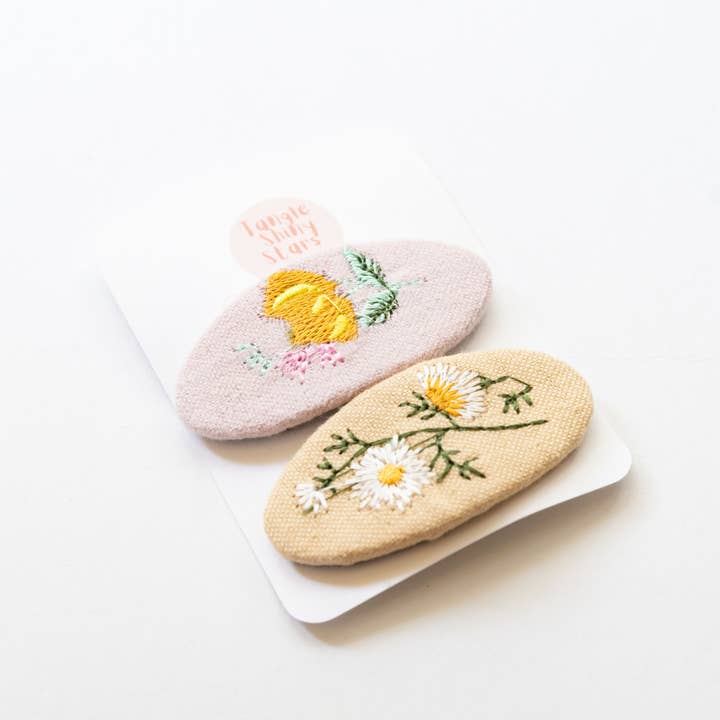 Tangle Shiny Stars - Wholesale Hair Clip - Kids - Oval Embroidered Floral Snap Hair Clips | Light Pink & Beige0