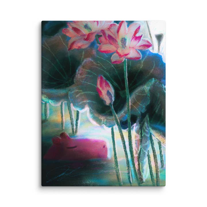 Capybara Under the Lotuses Painting | Zen Floral Art Print for wholesale by JoyousJoyfulJoyness